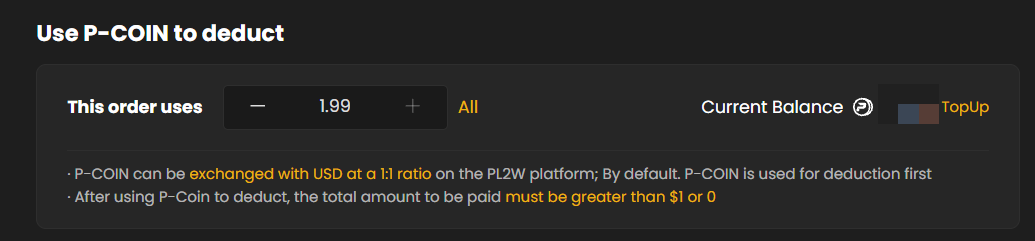 Controles del checkout de PL2W para deducción parcial o total con P-Coin