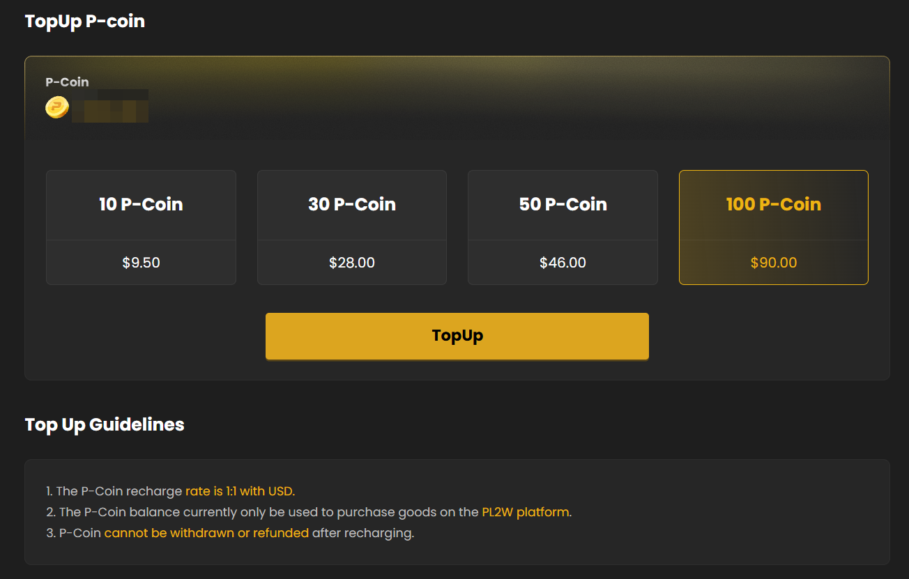 Opciones de recarga PL2W P-Coin de 10, 30, 50 y 100 con reglas de uso